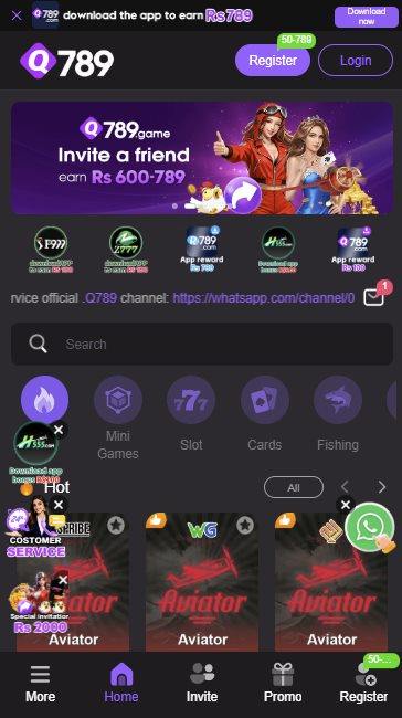 Q789 app home screen showing the search bar, game category row and hot games including Aviator