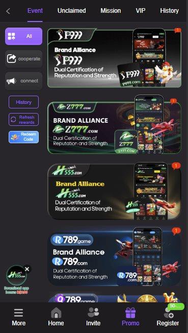 Q789 promo and event screen listing brand alliance events, redeem code entry and refresh rewards