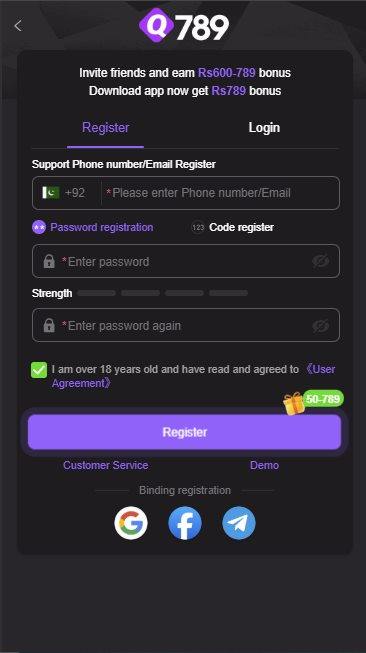 Q789 register and login screen with phone number field, password fields and the 18 plus agreement checkbox